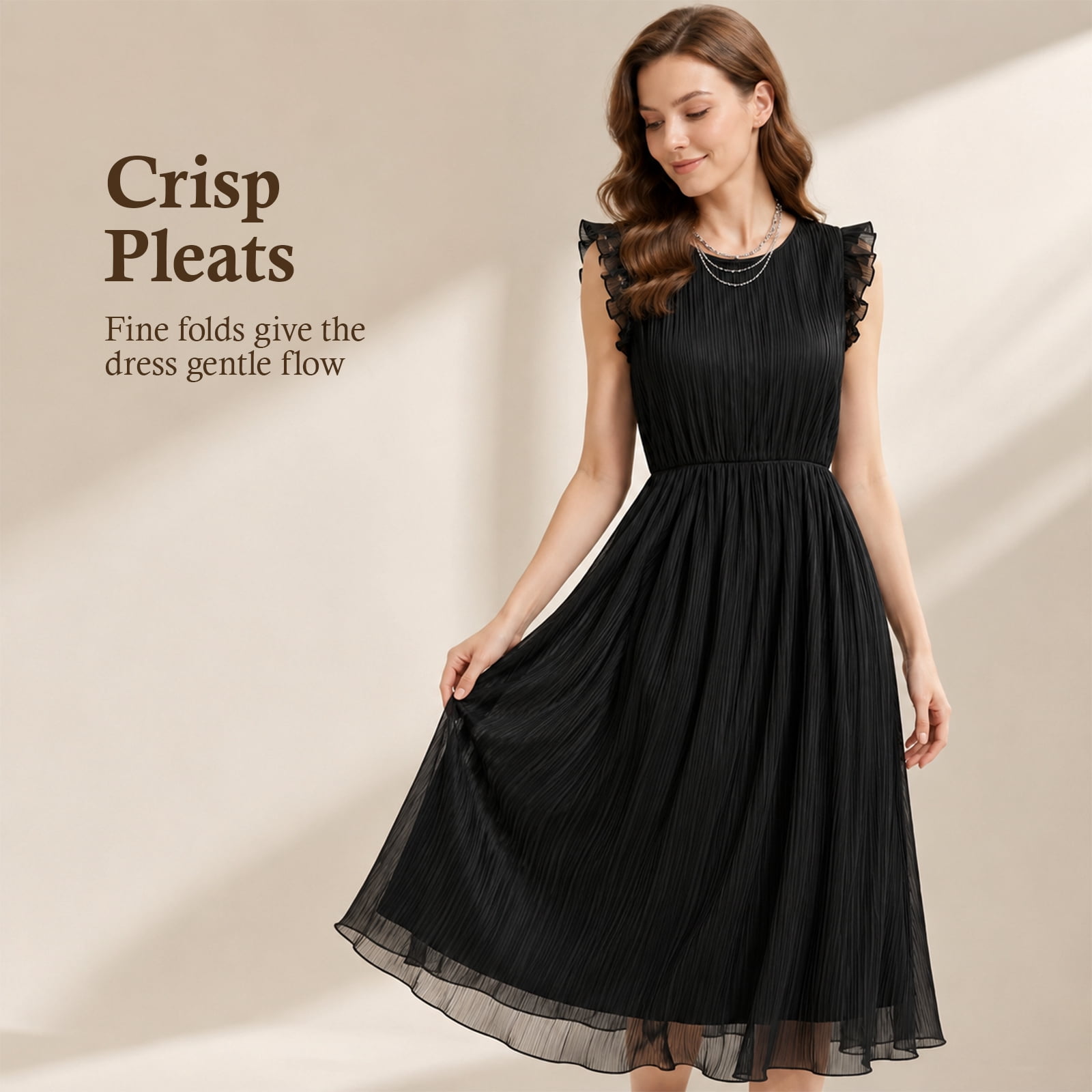 Alvantor Women's Pleated Midi Dress with Ruffle Sleeves, Black