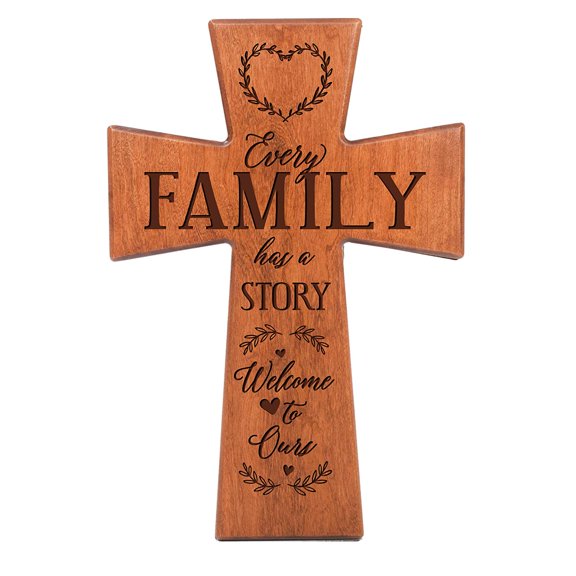 LifeSong Milestones Engraved Inspirational Wood Wall Cross Décor - Every Family Has A Story (Cherry 12x17)