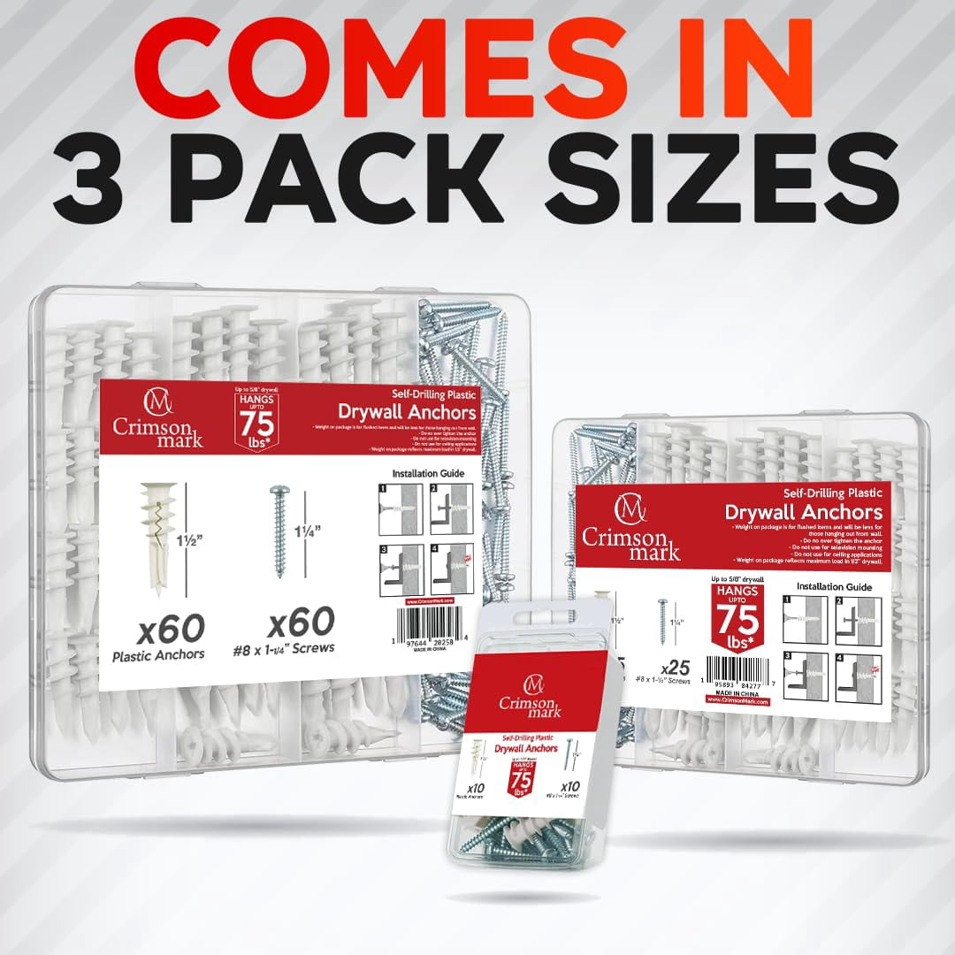 120Pcs #8 Self Drilling Drywall Anchors and Screws kit #8 x 1-1/4”- Superb Wall Anchors for Drywall, Holds Upto 75lbs – No Drill Hole Required with These Dry wall Screws and Anchors