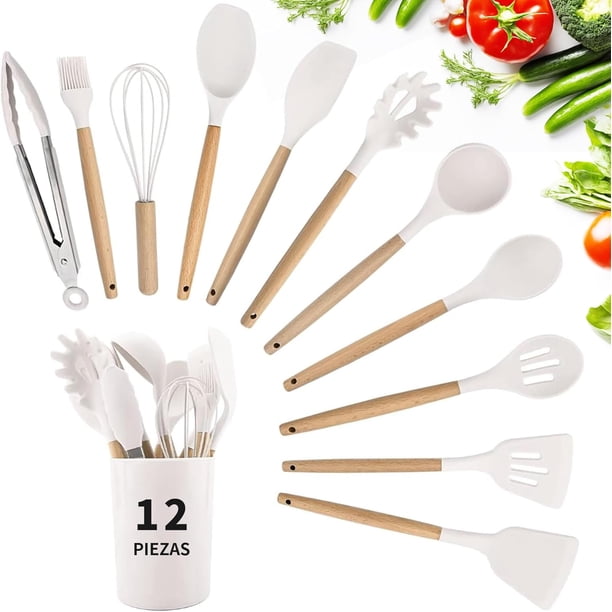 Juego de Utensilios de Cocina de Silicona Utensilios-Juego de 12 Herramientas de Cocina Antiadherentes Resistentes al Calor con Mango de Silicona y Madera, Ideal para Cocinar y Hornear, Blanco