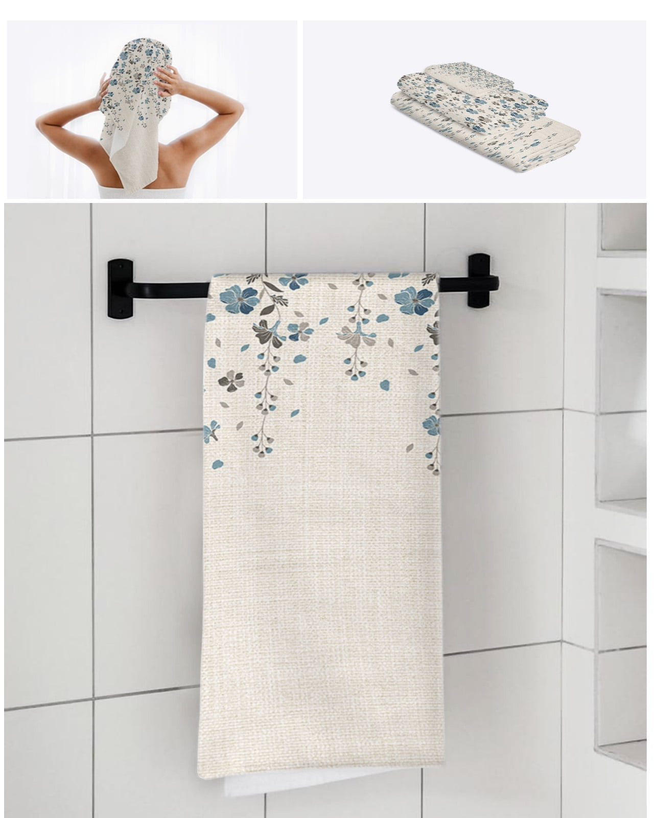 Weeping Flowers Towel Set of 3,Soft Microfiber Bath Towels,Hand Towel,Washcloths,Blue Grey Spring Floral Botanical Rustic Burlap Quick-Dry Absorbent Towels for Bathroom Kitchen Hotel Beach Gym Spa