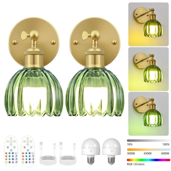 GCGAFUL Vintage Battery Operated Wall Sconce with Tulip Glass Lampshade, USB Rechargeable Battery Powered Wall Light for Bedside Bedroom Doorway Living Room,Set of Two