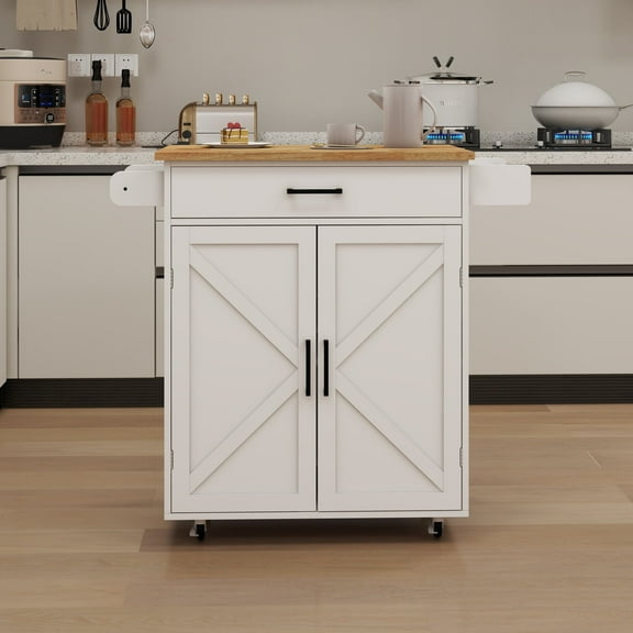 Newboti Furniture Kitchen island rolling trolley cart with Adjustable Shelves & towel rack & seasoning rack rubber wood table top-White 10259