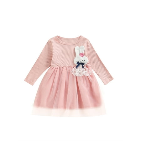 

jaweiw Newborn Girls Long Sleeve Dresses Lovely Rabbit Doll Decoration Dress Double-Layer Hem One-Piece for Easter Gift