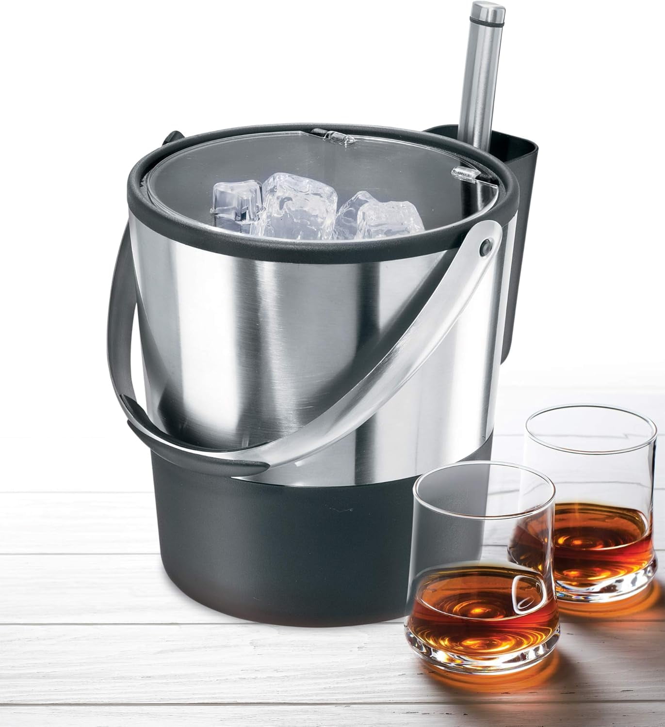Insulated Ice Bucket, 4 Quart / 3.8 L, Stainless Steel, Black.