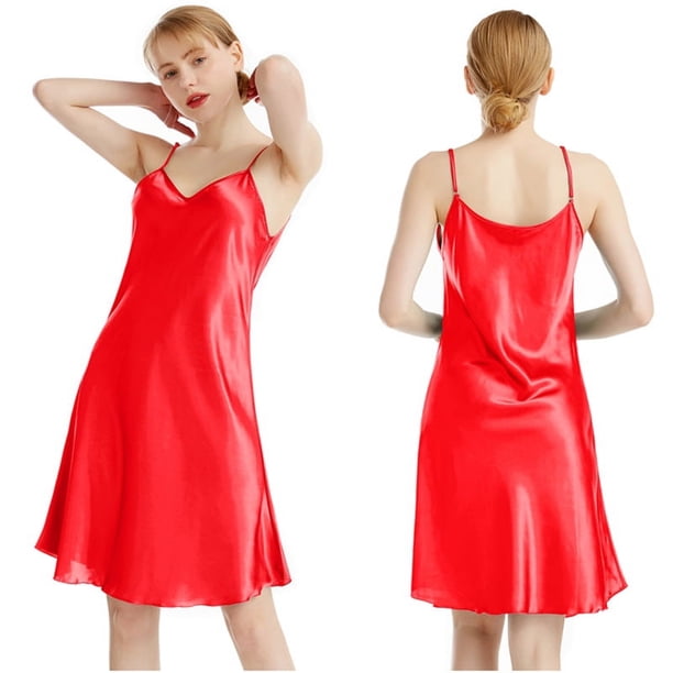 Camisón de verano fino y sexy con tirantes finos de satén de seda y escote en V, pijama para casa hasta la rodilla de color liso