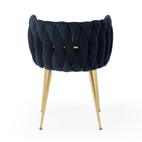 Set of 2 Modern Velvet Dining Chairs with Woven Backrest & Golden Metal Legs – Upholstered Accent Chairs for Dining Room, Kitchen, Living Room, Bedroom, Vanity, Black