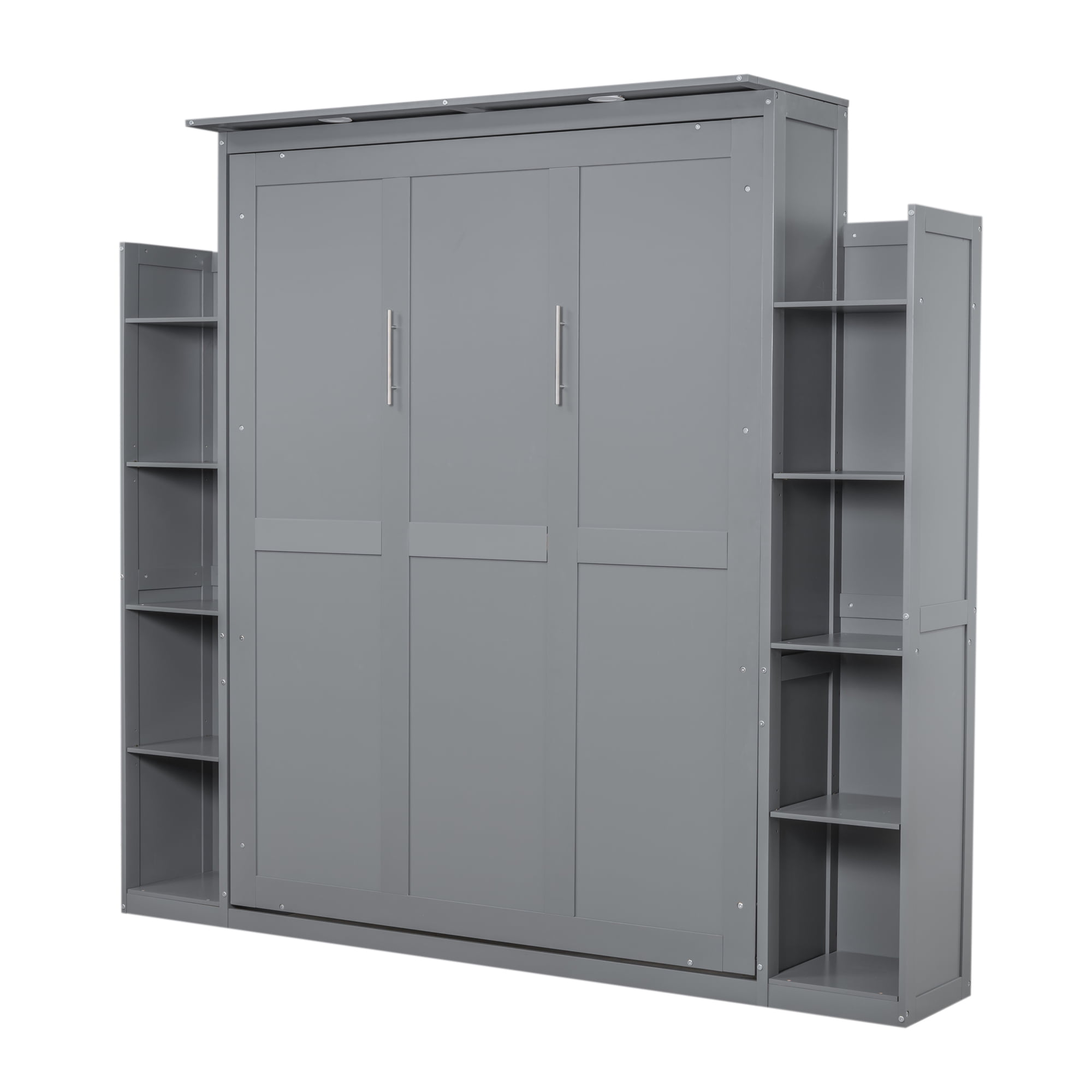 Mintazer Queen Size Murphy Bed with Side Bookcases & LED Lights, Folding Wall Cabinet Bed with Storage for Guest Room Home Office Apartment, Grey