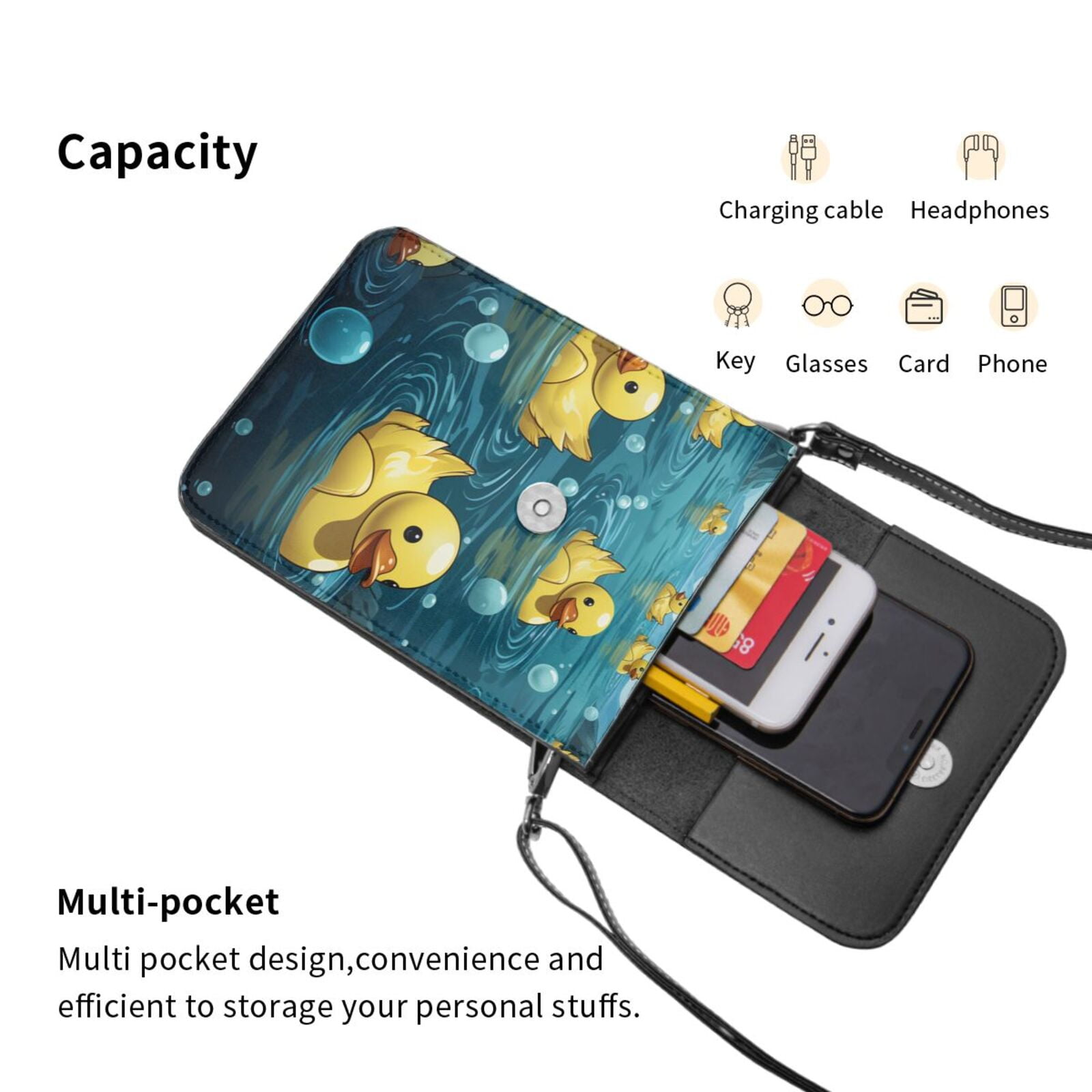 Rubber Duck Cool Yellow Ducks Cell Phone Purse Small Crossbody Bag with Strap Credit Card Slots Leather Shoulder Wallet for Women