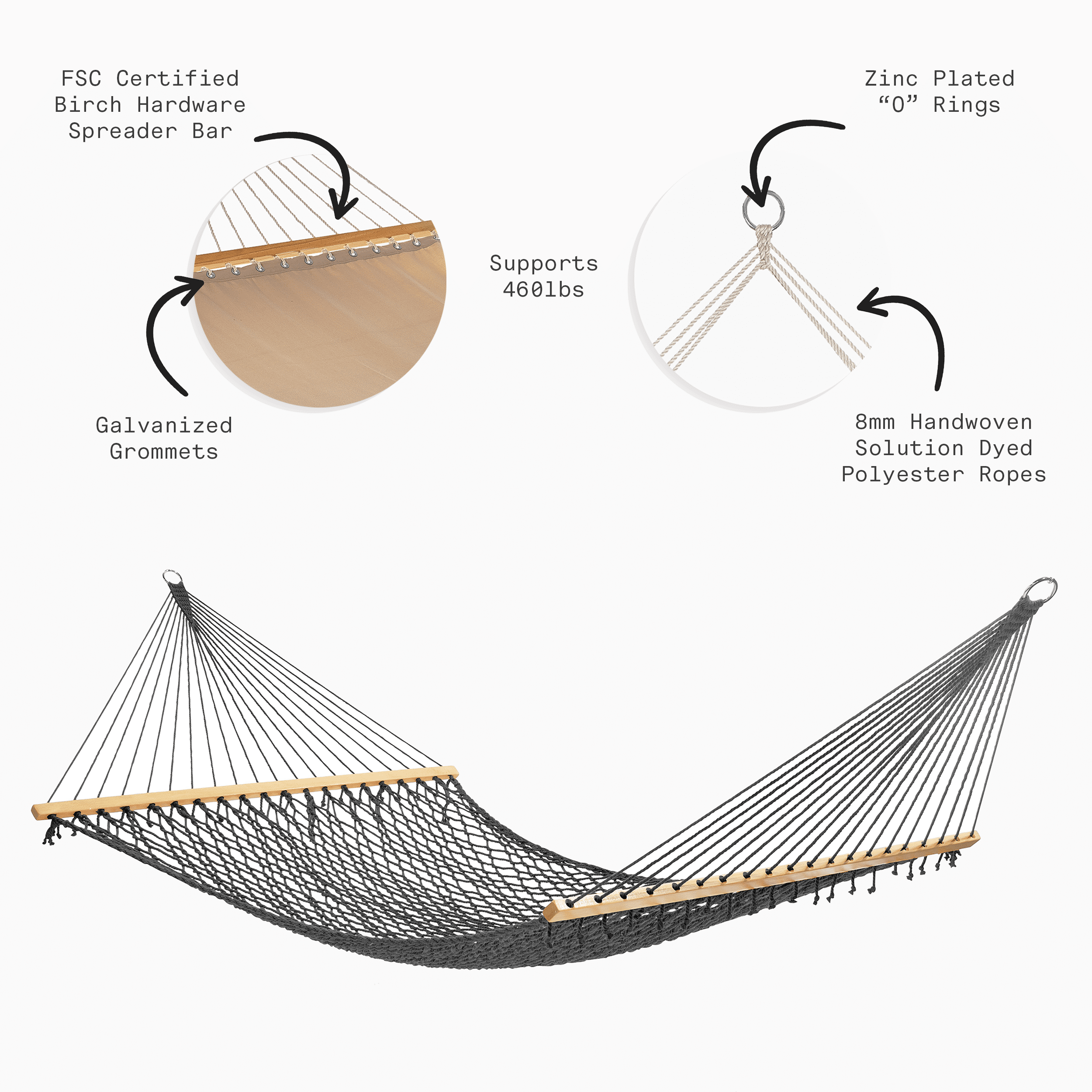 Fab Habitat 12 -14 ft Adjustable Quick Dry Recycled Polyester Rope Hammock, Fade Resistant, 2 Person Indoor/Outdoor (460lbs Capacity) for Patio, Poolside, Backyard, Garden, Balcony, Miami - Charcoal