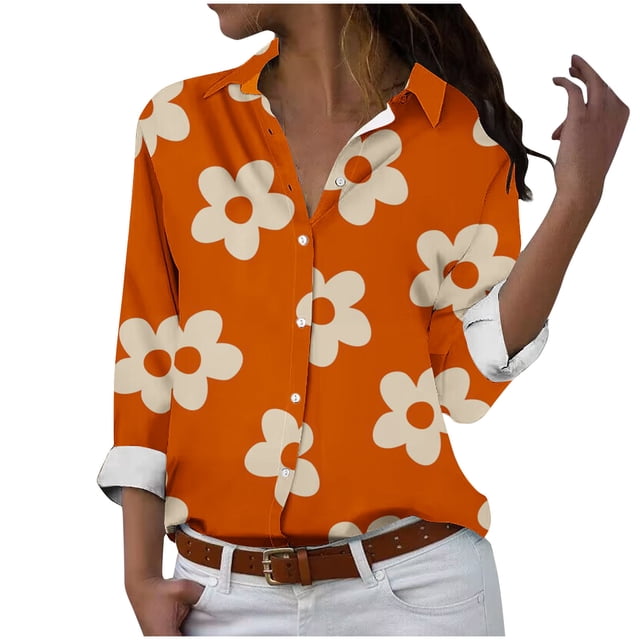 Chemises pour Femmes, Chandail en Molleton pour Femmes, Manches Longues Décontracté Régulier Série Orange Imprimé Col à Revers Chemise Boutonnée, Chandails en Molleton pour Femmes, Manches 3/4 pour Femmes