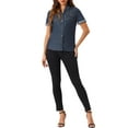 thumbnail image 2 of INSPIRE CHIC Women's Denim Jacket Short Sleeve Collared Button Up Jean Shirt Tops M Deep Blue, 2 of 6