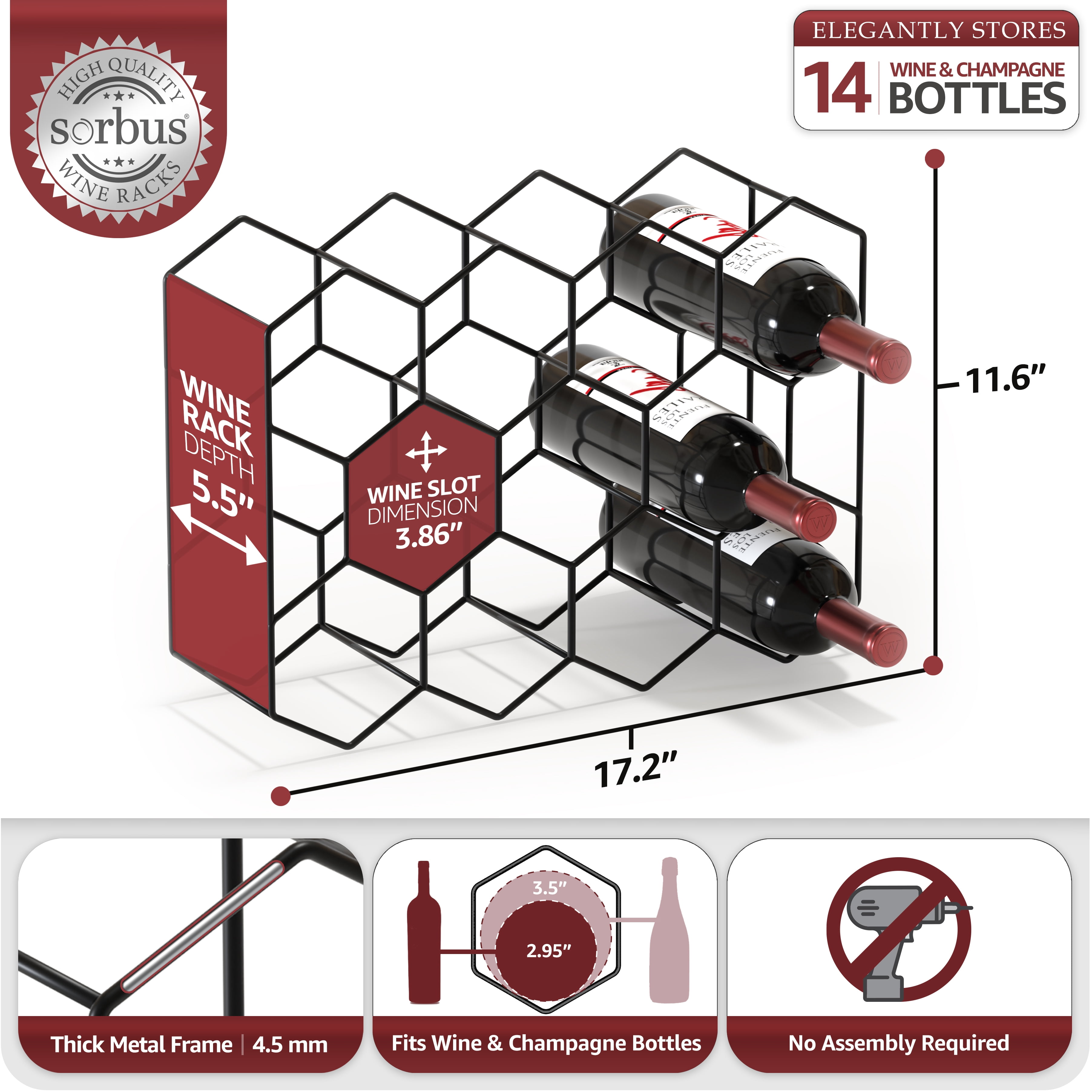 Sorbus 14-Bottle Stackable Metal Wine Rack Black Honeycomb Countertop Storage