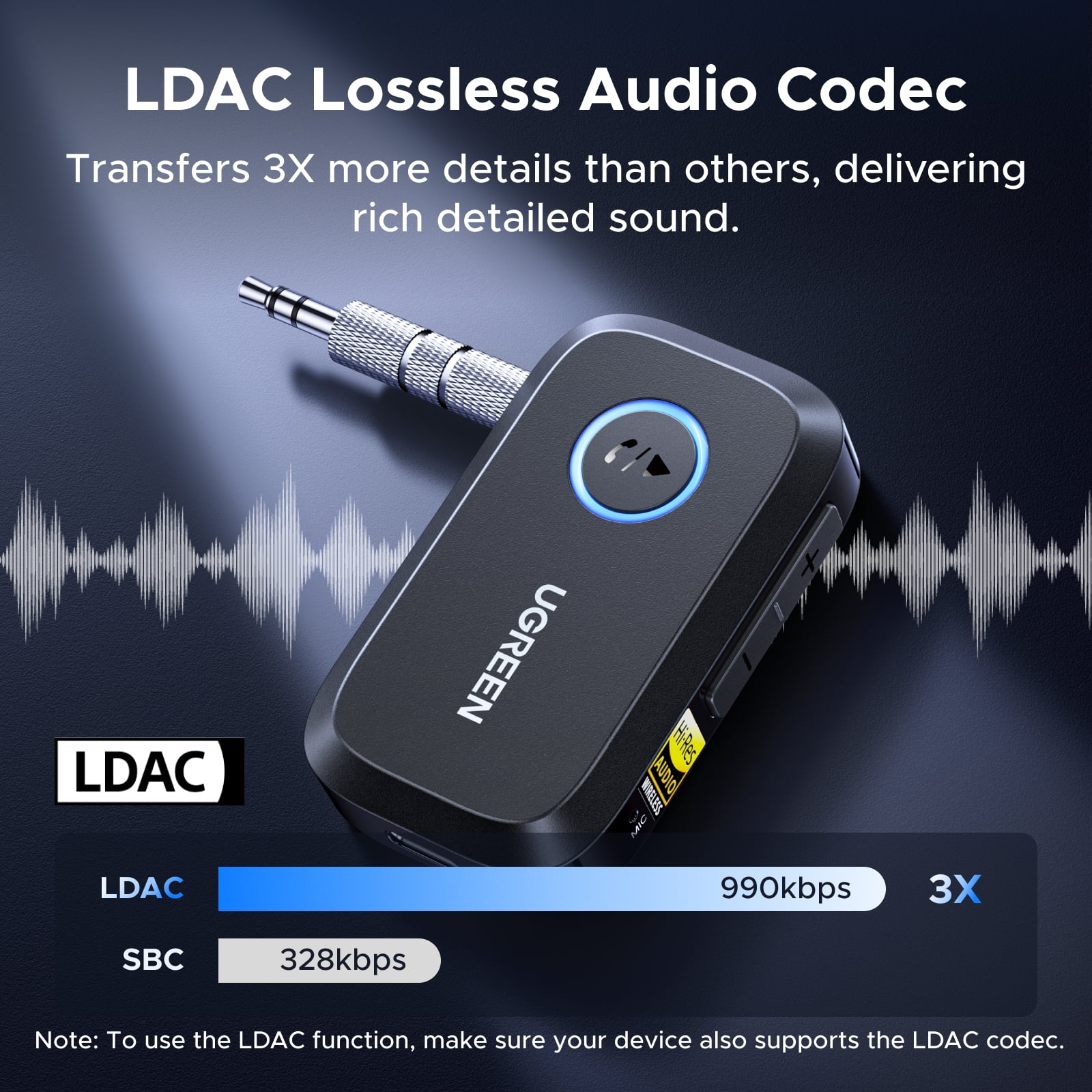 GREEN Bluetooth 6.0 Receiver for Car with LDAC, AI Noise Cancelling AUX Bluetooth Adapter, Hi-Res Wireless Audio Receiver for Home Stereo, 17H Battery - Black