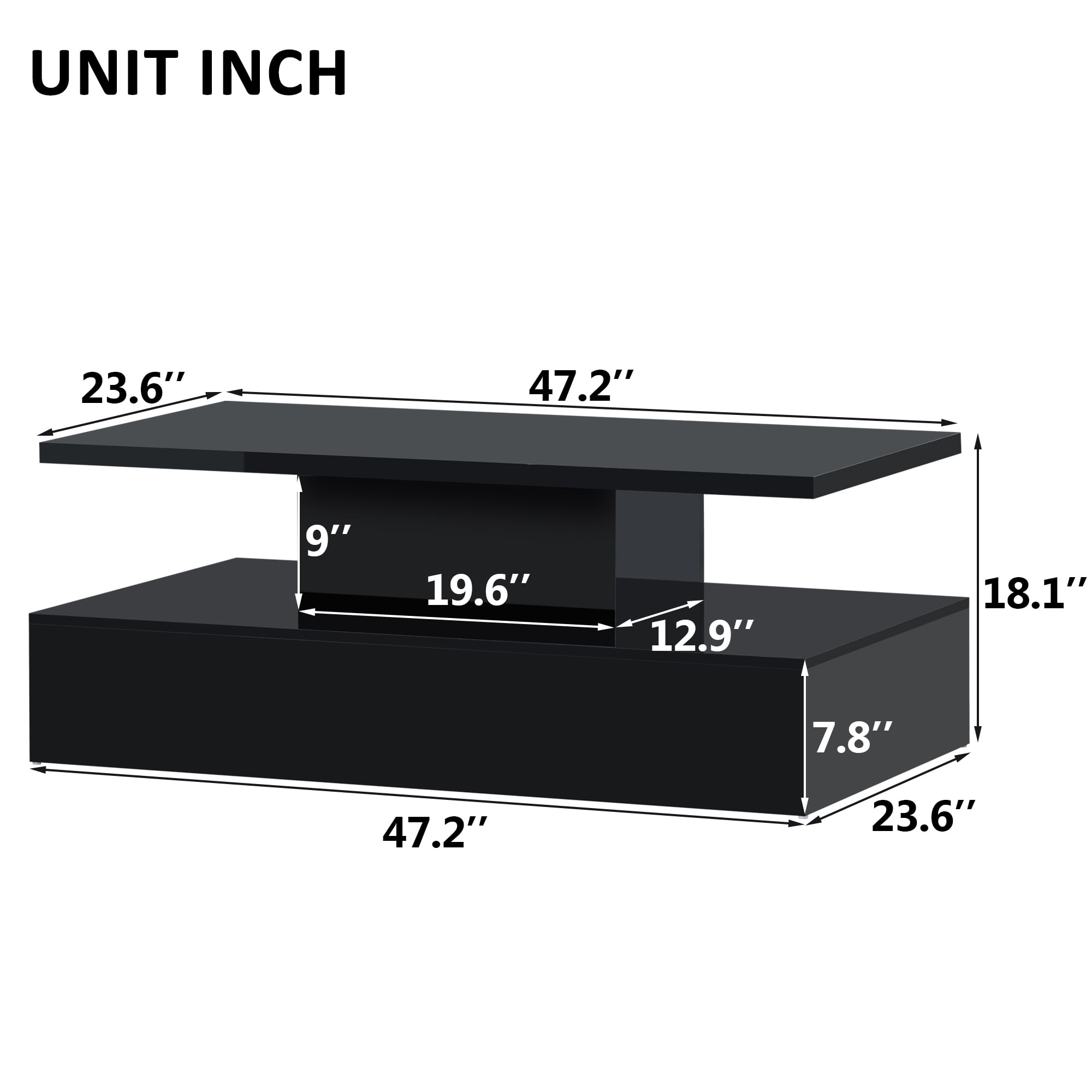 MAYEERTY Modern Industrial Coffee Table with LED Lighting, 16-Color Options & Remote Control, Cocktail Table for Living Room, Black