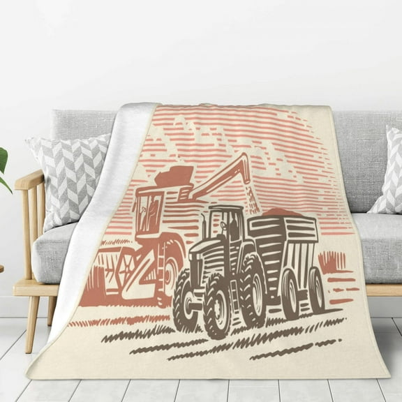 Fuzoiu Combine harvester working with tractor Print Flannel Throw Blanket,Light Weight Warm Decorative,Throw Blanket Cover for Sofa, Couch, Bedroom,Travel-60"x50"