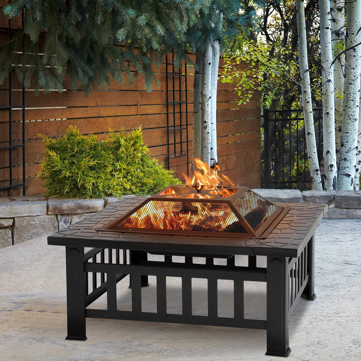 Fire Pit 32'' Wood Burning Firepit Metal Square Outdoor Fire Tables Steel BBQ Grill Fire Pit Bowl with Spark Screen Cover Poker Log Grate for Patio Bonfire Camping Backyard Garden Picnic 