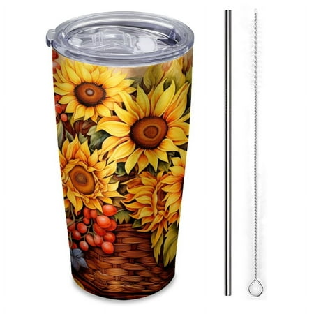 

painting of sunflowers in the style of Slavic folk art-Insulated Car Cup 20 oz Stainless Steel Travel Tumbler with Reusable Straw & Brush Hot & Cold Drinks Coffee/Tea/Office/Outdoor Drinkware