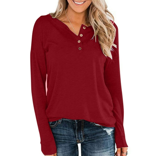 Meichang Womens Henley Tops Long Sleeve Shirts Basic Henley Neck Button Pullover Casual Loose Fit Womens Tops