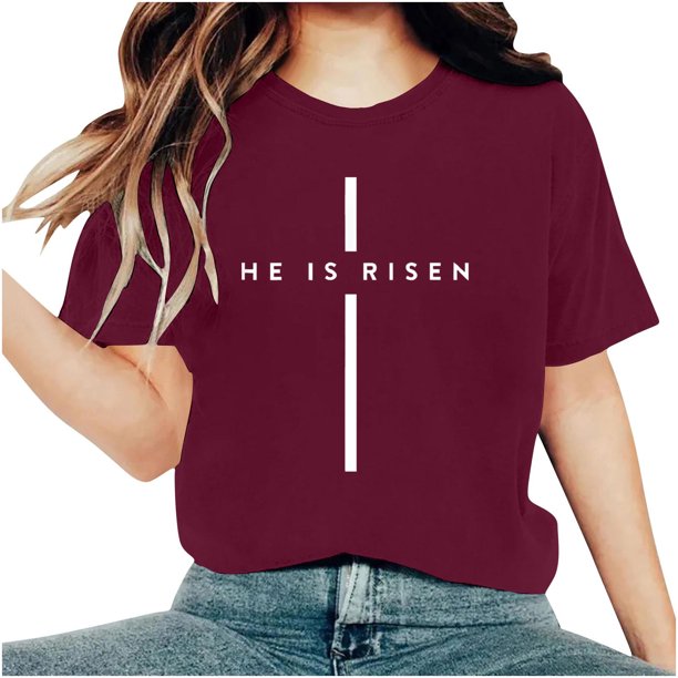 Camisetas de Cuello de Tripulación de Manga Corta para las Mujeres Cartas de Impresión de Pascua Camiseta de Manga Corta, Spandex de Poliéster