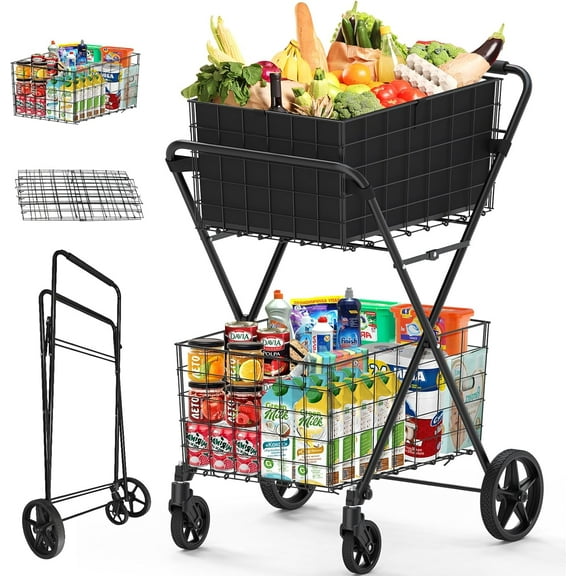2-Tier Shopping Cart for Groceries, Folding Grocery Cart with 360° Rolling Wheels, Heavy Duty Utility Carts with 2 Waterproof Liners, Multi-Functional Trolley for Laundry, Household, Black
