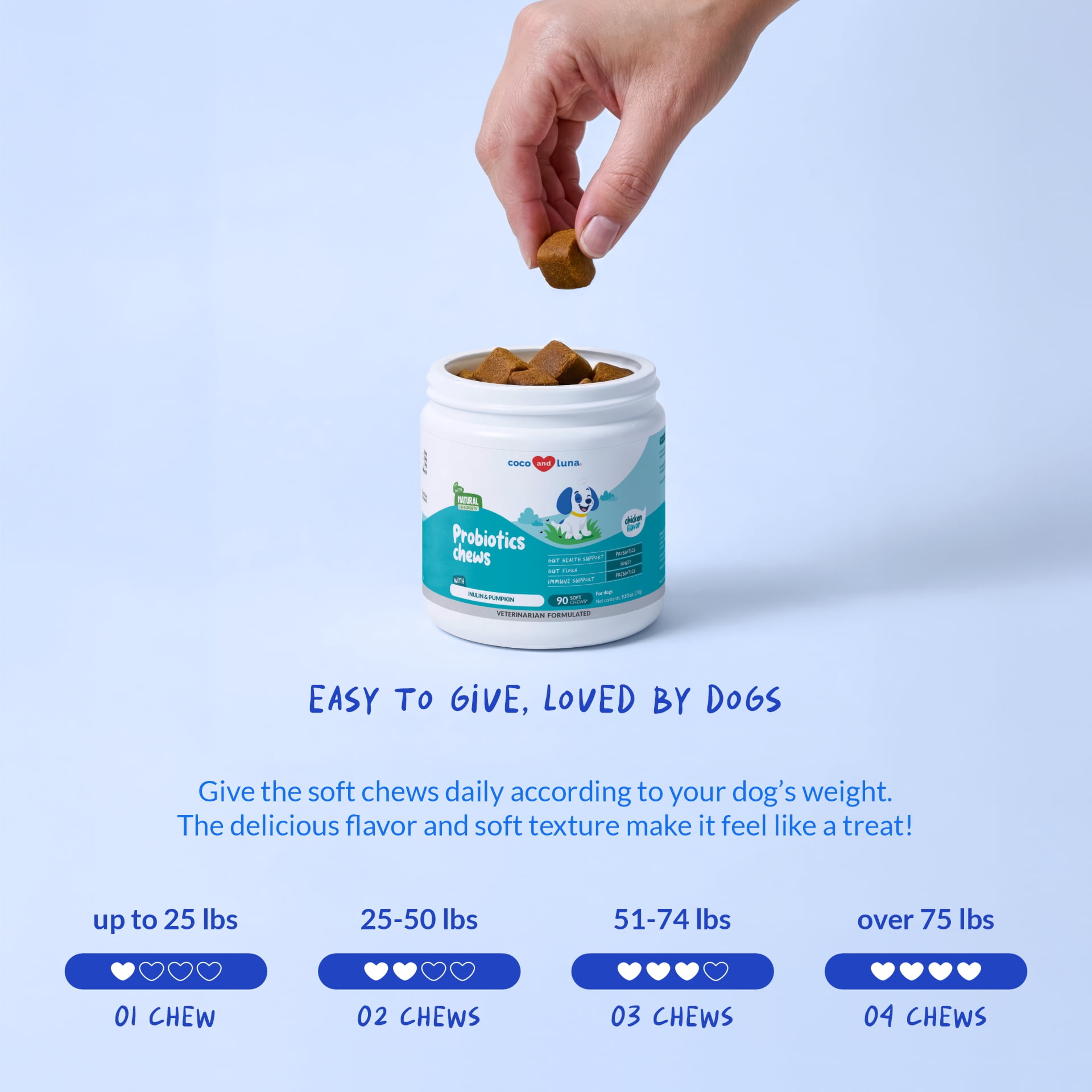 Coco and Luna Probiotics for Dogs - 90 Soft Chews - Diarrhea & Gas Support for Dogs - with Honey, Pumpkin and Prebiotics for Dog Allergies, Bad Dog Breath & Constipation Support