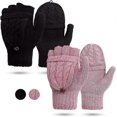 thumbnail image 1 of Women's Gloves Fingerless Mittens - Ladies Gloves Winter Warm Knit Fingerless Gloves Wool Mittens Flap Cover Texting GlovesBlack+Pink, 1 of 4