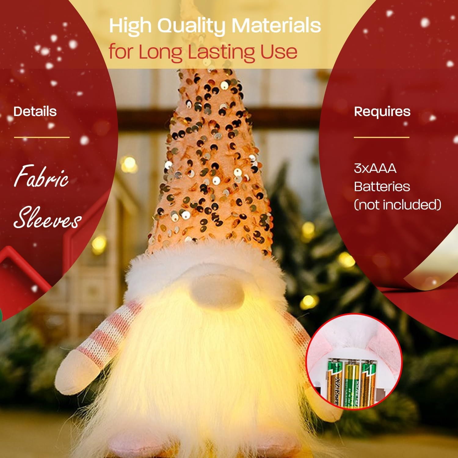 Christmas Set of 3 Light Up Christmas Gnomes, Silver, Pink & Red Christmas Gnomes - Plush Lighted Tomte Ornaments Figurines Dolls, Christmas Decorations
