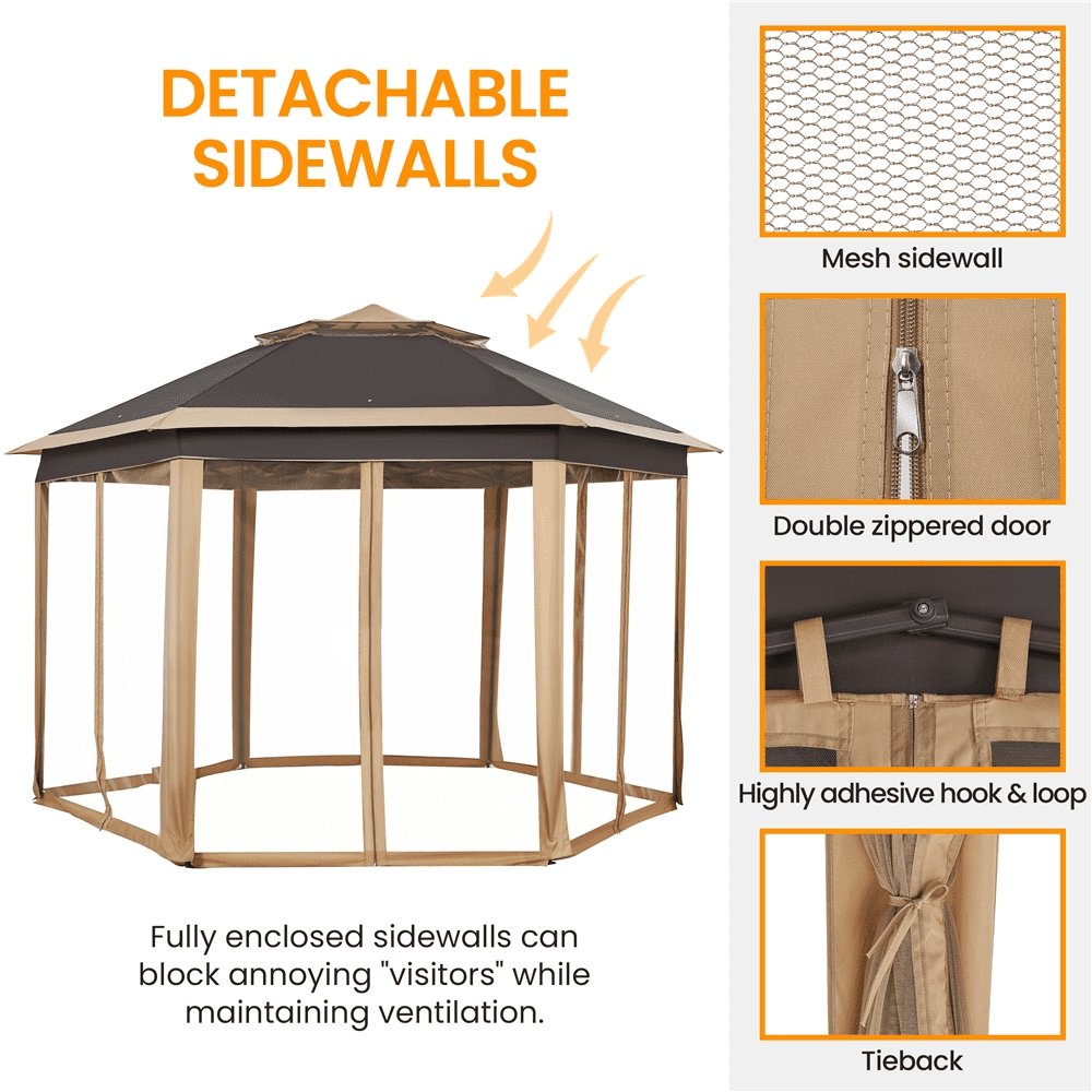 Alden Design Hexagonal Pop up Gazebo with Metal Frame and Mesh Netting, Khaki/Brown