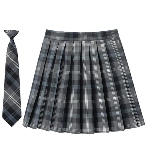 Fsqjgq Pleated Plaid Skirts for Women School Preppy Mini Skirts with Necktie Bowtie Summer Casual High Waisted A-line Tennis Skirt Grey 3XL