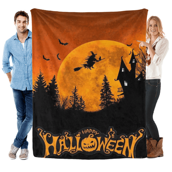 Halloween Witch Throw Blanket - Farmhouse Spooky Design with Full Moon & Pumpkin - Soft Retro Blanket for Sofa Bed - Perfect for Holiday Party Gifts
