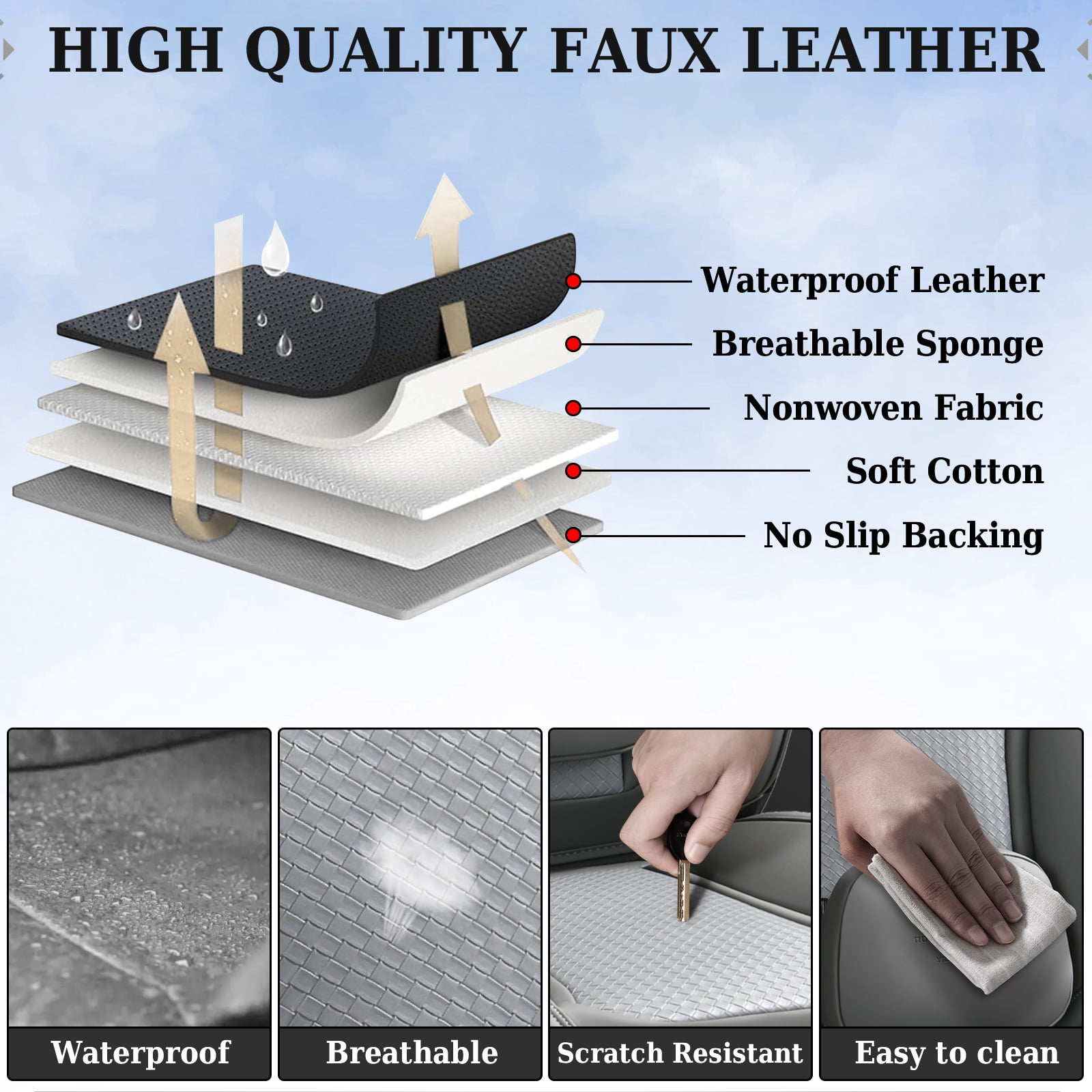 Coverado Waterproof Seat Covers For Cars, High-grade Leather Front Seat Protectors with Lumbar Support, Auto Cushions Universal Fit for Most Cars SUV Trucks, Gray