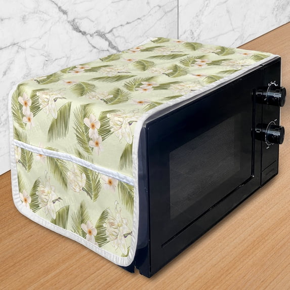Leaves Microwave Oven Cover, Repetitive Tropical Blossoms Frangipani Palm Leaf in Spring Colors, Water Resistant Organizer with Pockets for Kitchen, 36" x 12", Pastel Green Multicolor, by Ambesonne