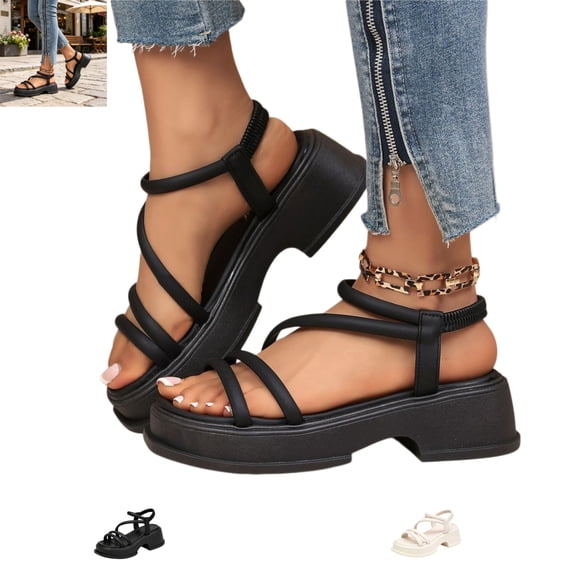 YOUYEDIAN Strappy Sandals for Women Summer Fashion Stretch Strap Versatile Open Toe Comfy Platform Block Heel Flats Casual Breathable Slip On Outdoor Beach Sandals