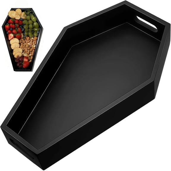 Halloween Coffin Tray, Gothic Coffin Shape Serving Board with Built-in Handles, Black Halloween Spooky Decor, Creepy Wooden Serving Tray for Candy, Snacks, Charcuterie, Jewelry, Makeup