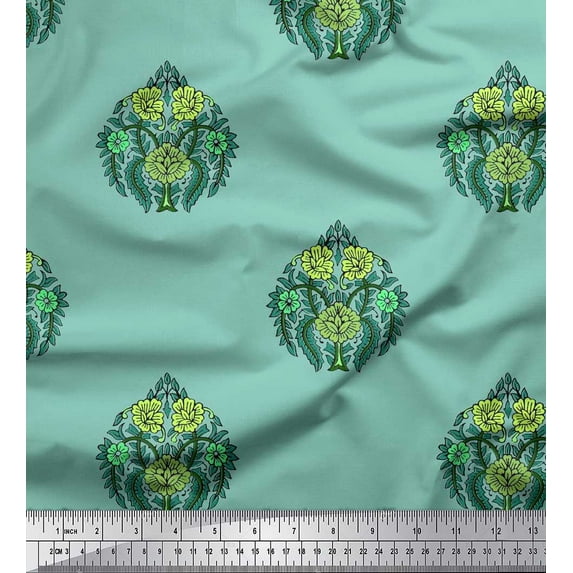 Soimoi Satin Silk Fabric Leaves & Floral Block Print Fabric by Yard 42 Inch Wide