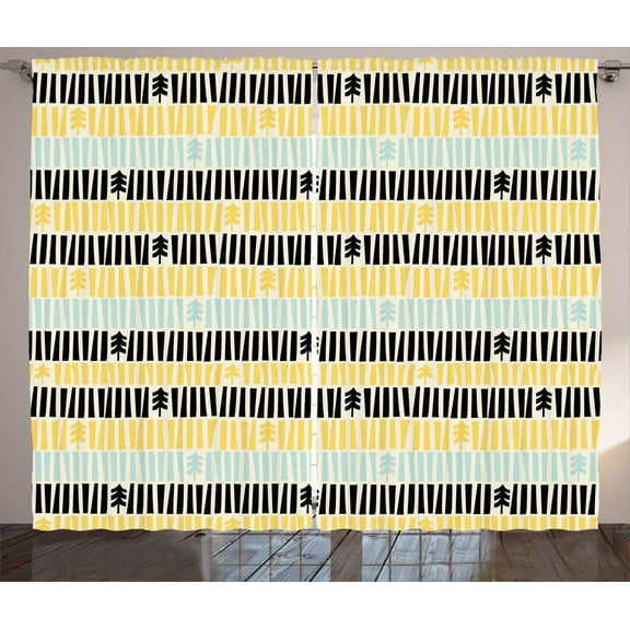 Ambesonne Mid Century Curtains 2 Panel Set, Xmas Trees Fifties, 108" x 63", Yellow Black Aqua