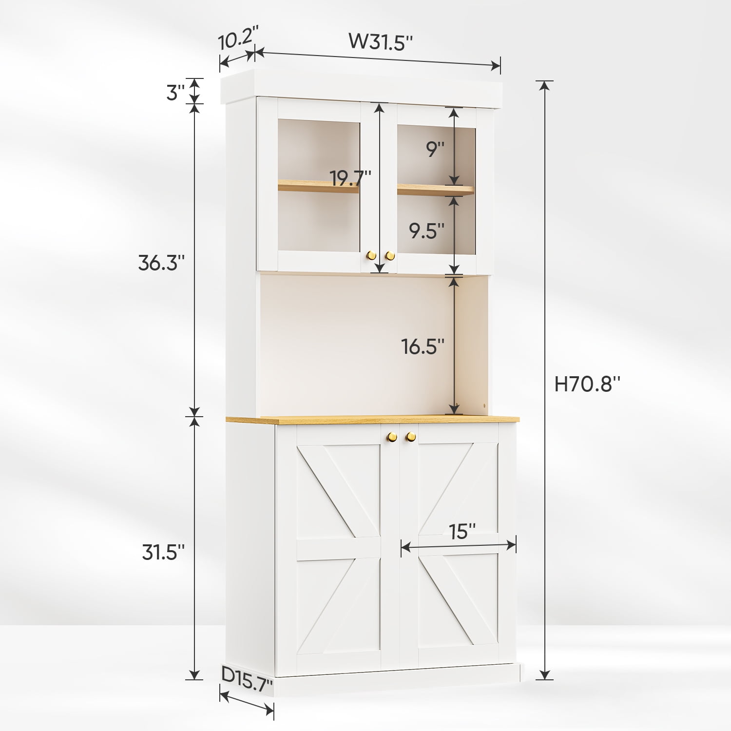 Sunix Farmhouse Pantry Cabinet Set of 3, 70.8" Tall, Freestanding Large Storage Cabinet with Glass Doors, Microwave Shelf, Adjustable Shelves