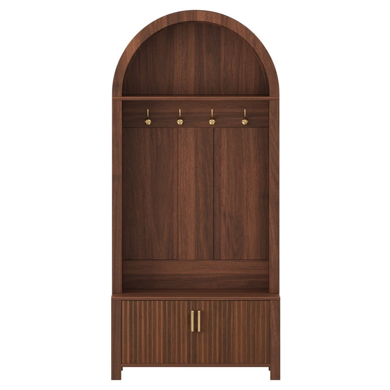 Farmhouse Style Arched Top Hall Tree, Shoe Bench with Storage Cabinet, Coat Rack Organizer with 4 Hooks and 2 Fluted Doors