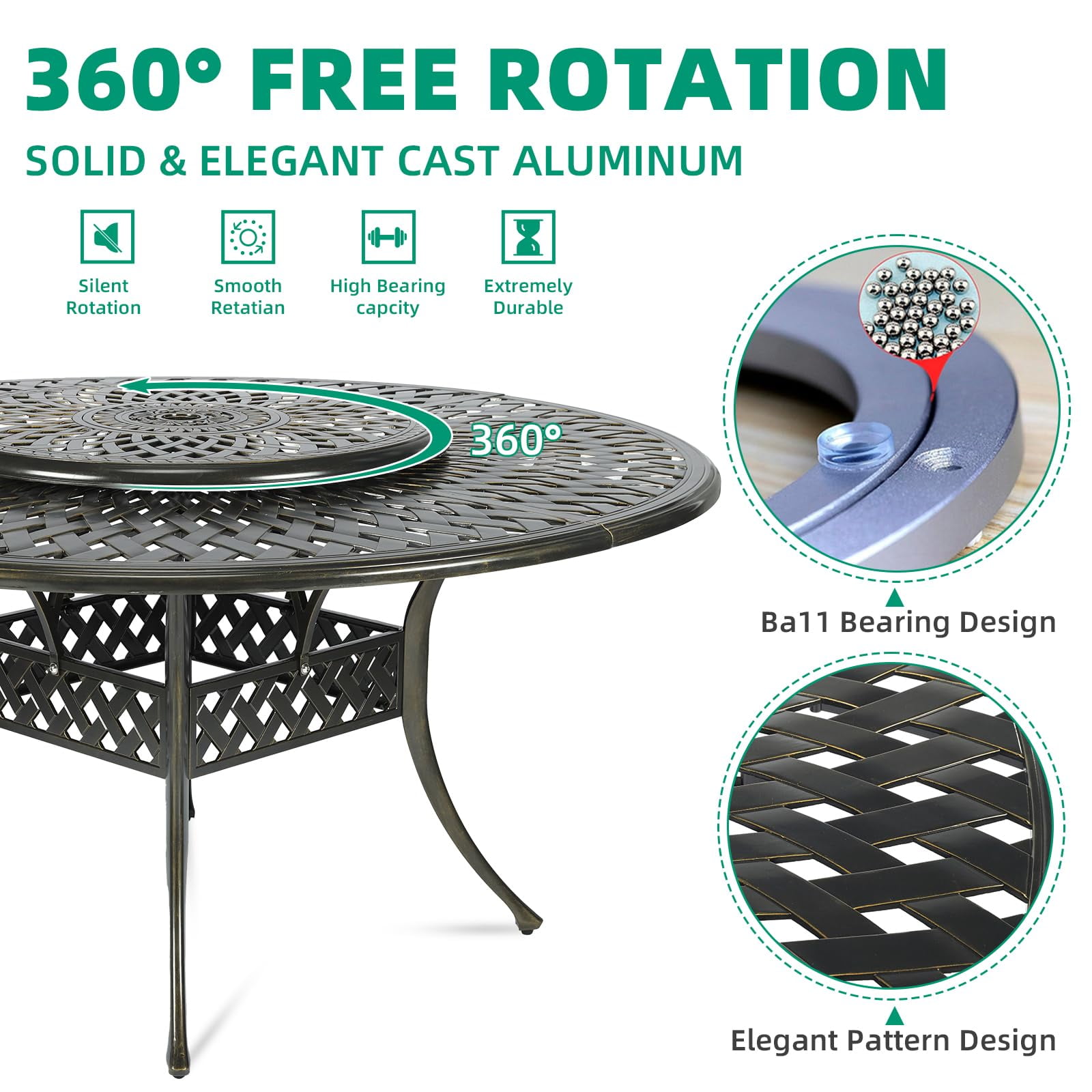 VIVIJASON 9-Piece Outdoor Furniture Dining Set, Rust-Free Cast Aluminum Patio Conversation Set, Include 8 Swivel Dining Chairs & 61" Round Dining Table with 31" Lazy Susan, Umbrella Hole, Khaki