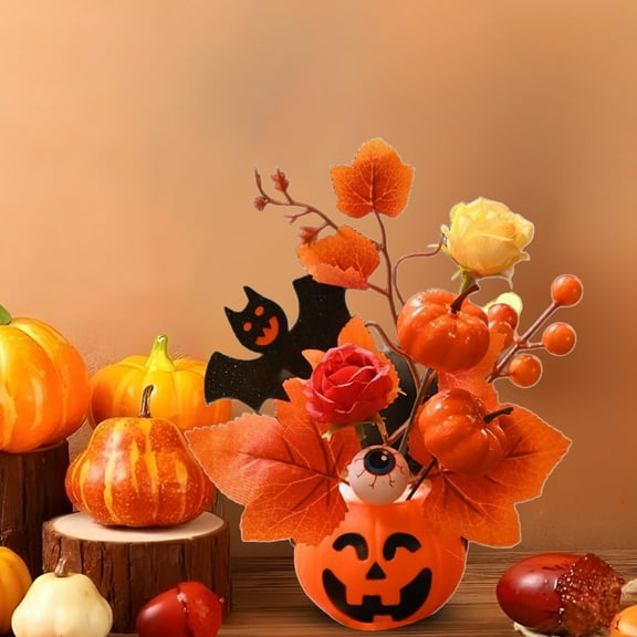 Halloween Pumpkin Decor with Maple Leaf Artificial Flower Arrangement, Pumpkin Bouquet for Table Centerpiece, Fall Holiday Decoration