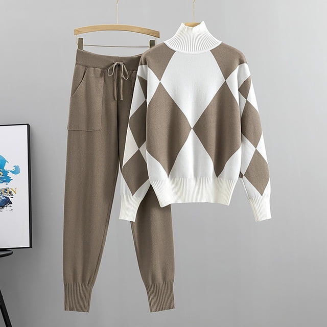 Weiqiqre Womens Turtleneck Sweater Checkered Color Block Knit Trendy Blouses & Shirts Sets