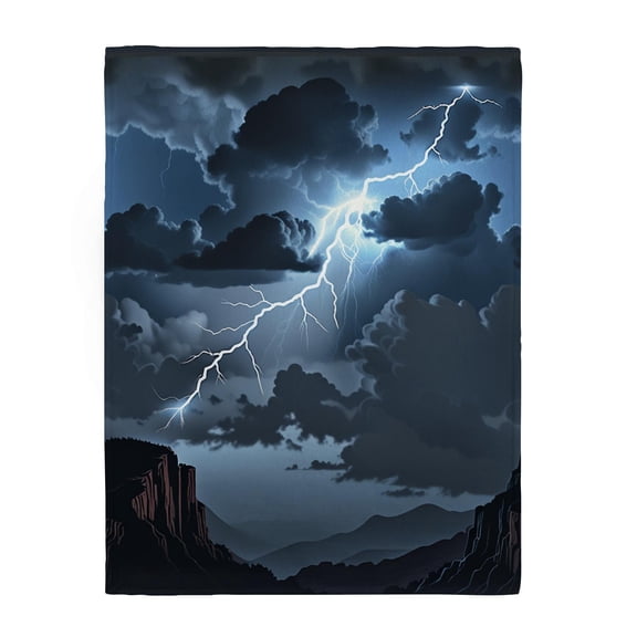 -Season Heavy-Duty Flannel Blanket - Dark Blue/Black/Gray Lightning & Storm Clouds Print with Canyon Cliff Landscape - Soft Bedspread for Yoga, Stretching, or Bed - Thick Cozy Fabric (Cliffs & Lightn