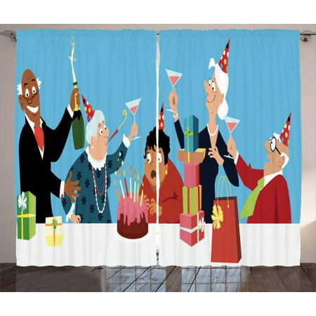 Retirement Party Curtains 2 Panels Set, Happy Seniors Celebrating Birthday with Cake Gifts and Champagne Image, Window Drapes for Living Room Bedroom, 108W X 108L Inches, Multicolor, by