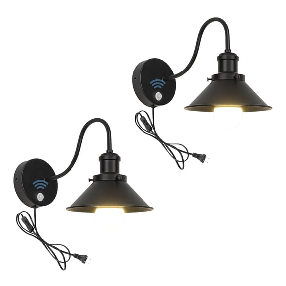 KAYYELAMP 2Pcs Motion Sensor Wall Sconce UL Plug-in Cord Black Gooseneck With Black Iron Shade Minimalist Style Wall Light Fixture For Entrance Hallway Toilet Stairs Loft