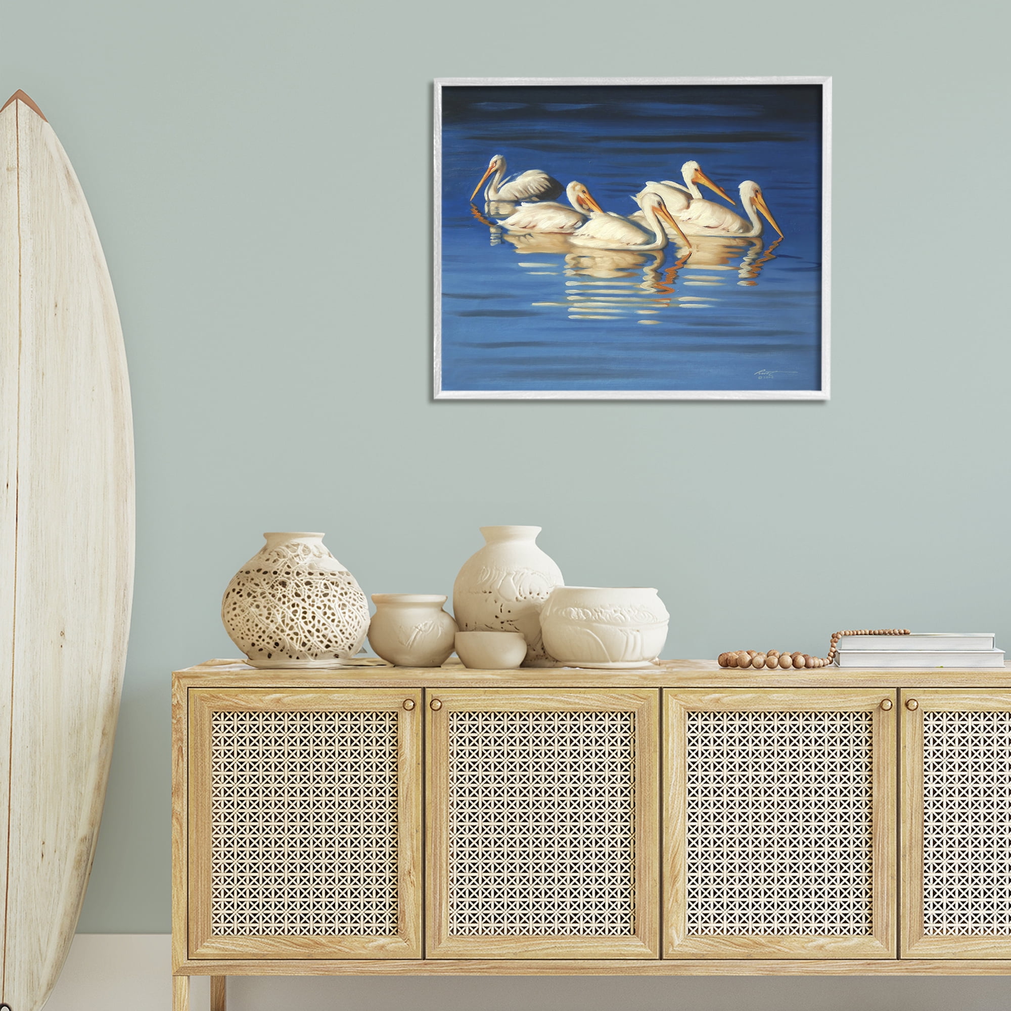 Stupell Industries Pelican Flock Lake Ripples Animals & Insects Painting White Framed Art Print Wall Art, 30 x 24