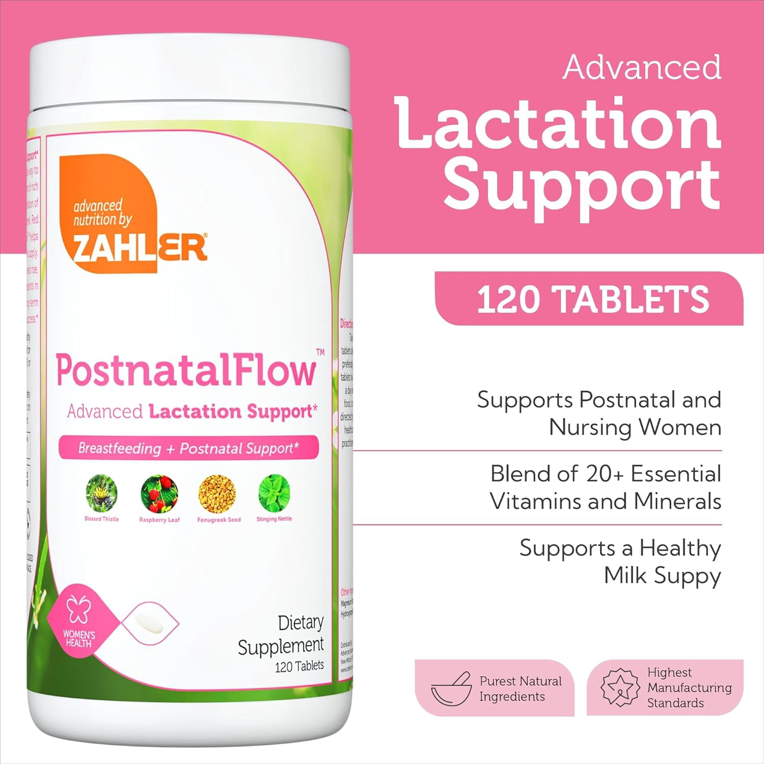 Zahler Postnatal Vitamins for Women, Lactation Supplements Breastfeeding Support, Milk Thistle & Fenugreek, Raspberry Leaf, 120 Tablets, Breastfeeding Supplement