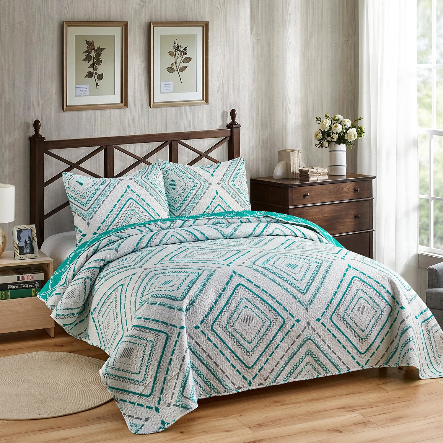 Poly Cotton Quilted 3 Piece Comforter Bed Throw Set Double Kingsize BedSpread 