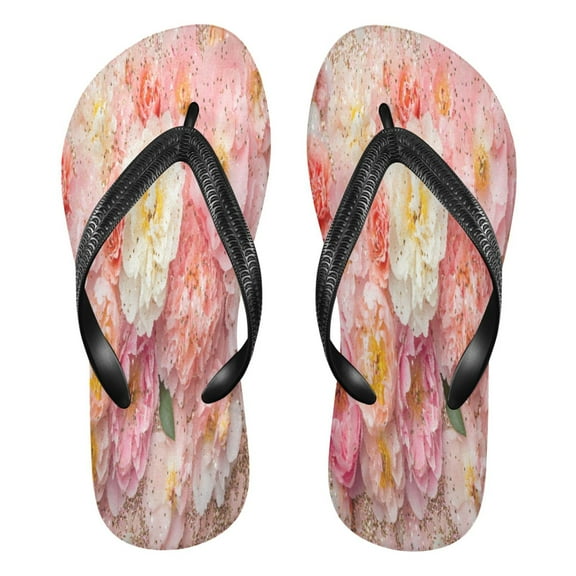 YAZAOOSummer Flip Flops Creatively Pink and White Flowers Glitter Simple Beach Sandals