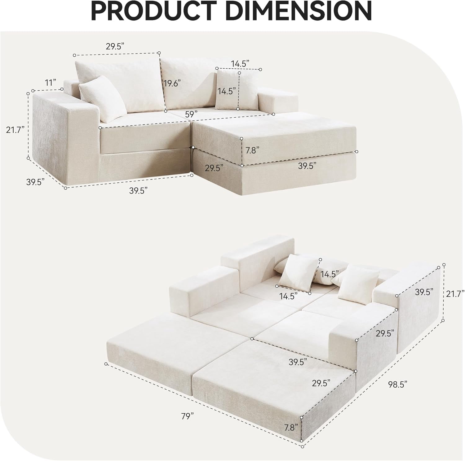 79" Boneless Cloud Loveseat Sofa with Ottoman, Modular Chenille Convertible Floor Couch Bed, No Assembly, Beige